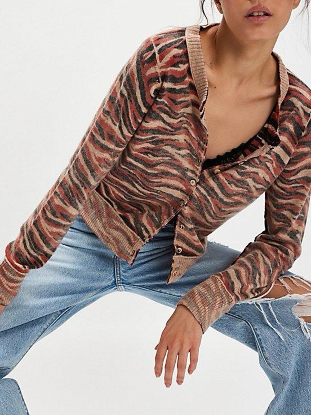 Free People Nocturnal Cardigan Wool Cashmere Sweater Tiger Zebra Animal Print
